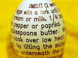 An egg with directions on how to cook an omelet written on the egg shell.