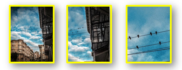 Three photographs. The first is of a San Francisco neighborhood with apartment buildings, fire escapes, and birds. The second photograph is a zoomed in and cropped excerpt of the first photograph, with only the fire escape and birds on power lines in view. The third photograph is a zoomed in and cropped excerpt of the second photograph, only picturing the birds on power lines with a backdrop of blue sky.