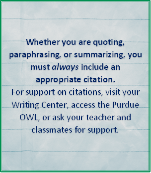Whether you are quoting, paraphrasing, or summarizing, you must always include an appropriate citation. For support on citation, visit your writing center, access the Purdue OWL, or as your teacher and classmates for support.