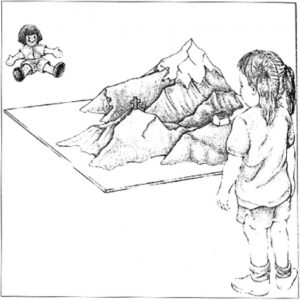 Drawing of a child looking at a mountain diorama with a doll on the opposite side