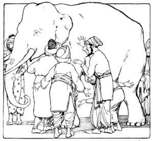 An illustration of four men touching an elephant, demonstrating the parable of the blind men and the elephant