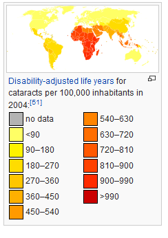 World map of disability-adjusted life years for cataracts per 100,000 inhabitants in 2004