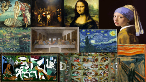 Photo collage of paintings: Boticelli's Birth of Venus, Rembrandt's The Night Watch, Da Vinci's Mona Lisa, Vermeer's Girl with a Pearl Earring, Monet's Water Lillies, Da Vinci's Last Supper, Van Gogh's Starry Night, Picasso's Guernica, Michelangelo's Sistine Chapel Ceiling, Munch's The Scream
