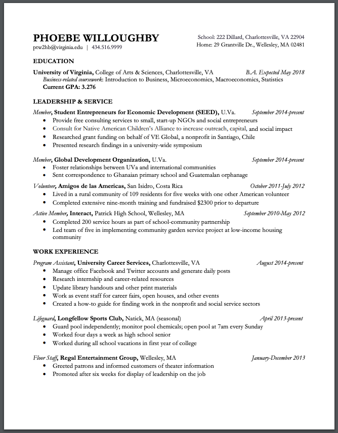 Resume of Phoebe Willoughby